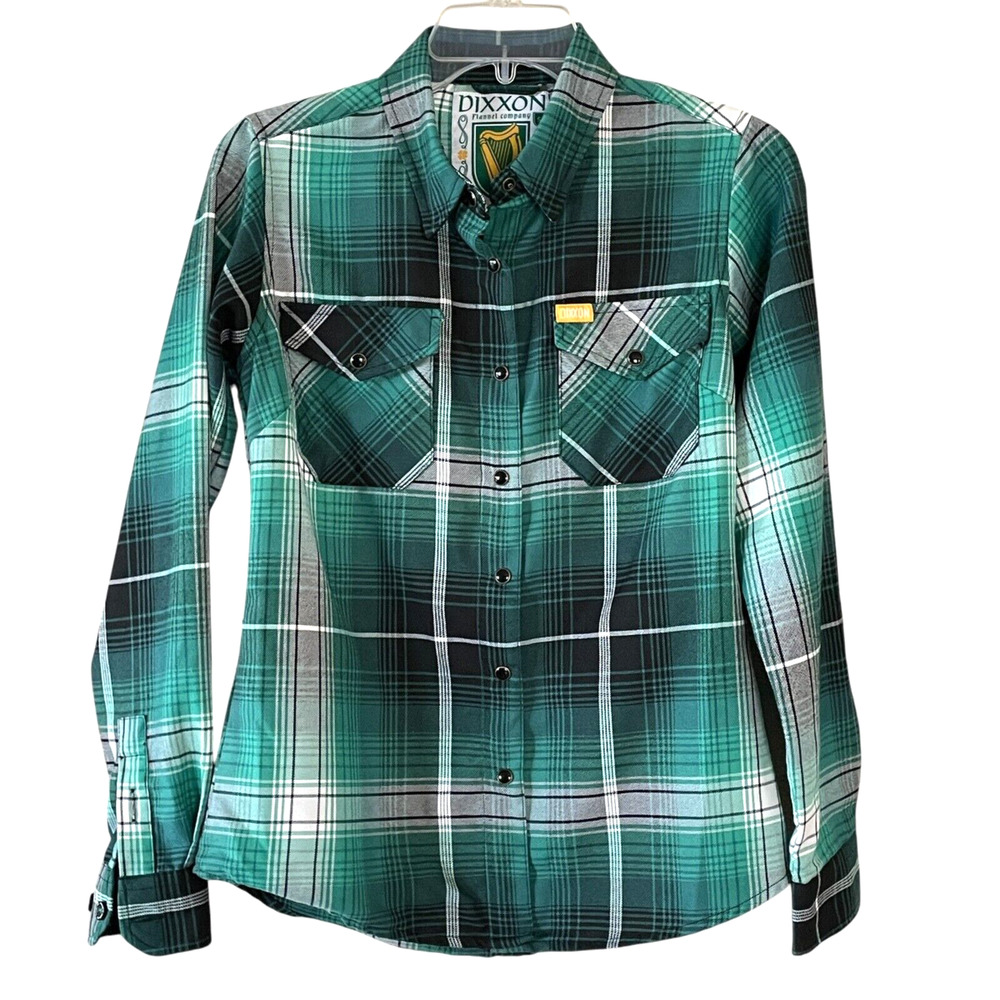 DIXXON Flannel The Reilly Women's Size Small Green Plaid Black Snaps Shirt NWOT